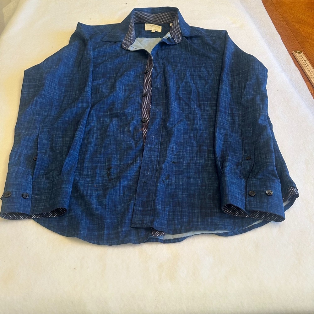 CONSTRUCT Slim Fit Button Down Shirt Size M Blue Plaid 4 Way Stretch Casual Long